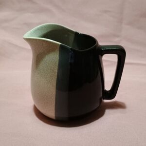 Vintage Creamer With Crackled Glaze Unique Squared Shape Handle Tan Gray Black